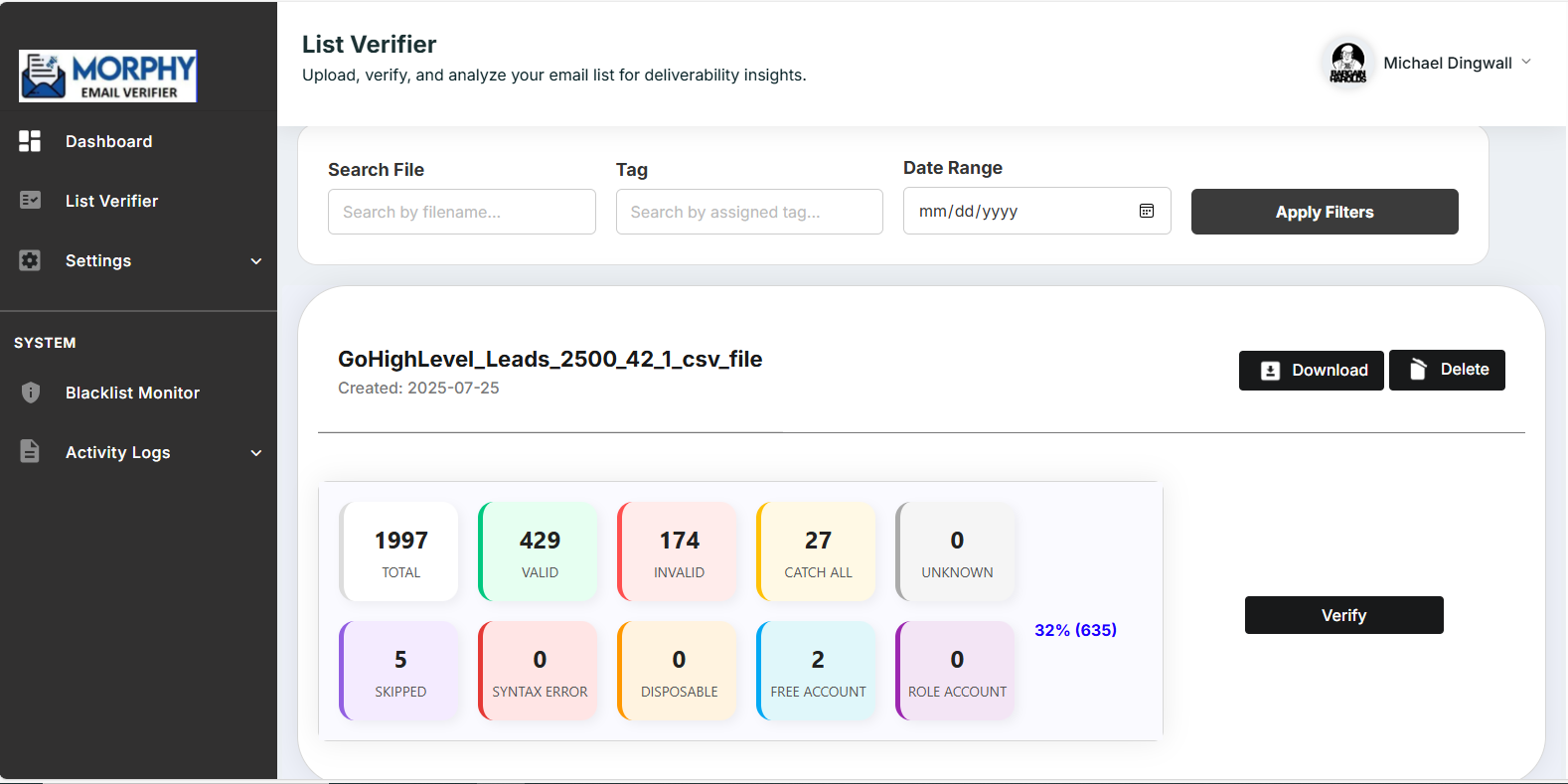 main window of morphy cloud baesd email verifier screenshot